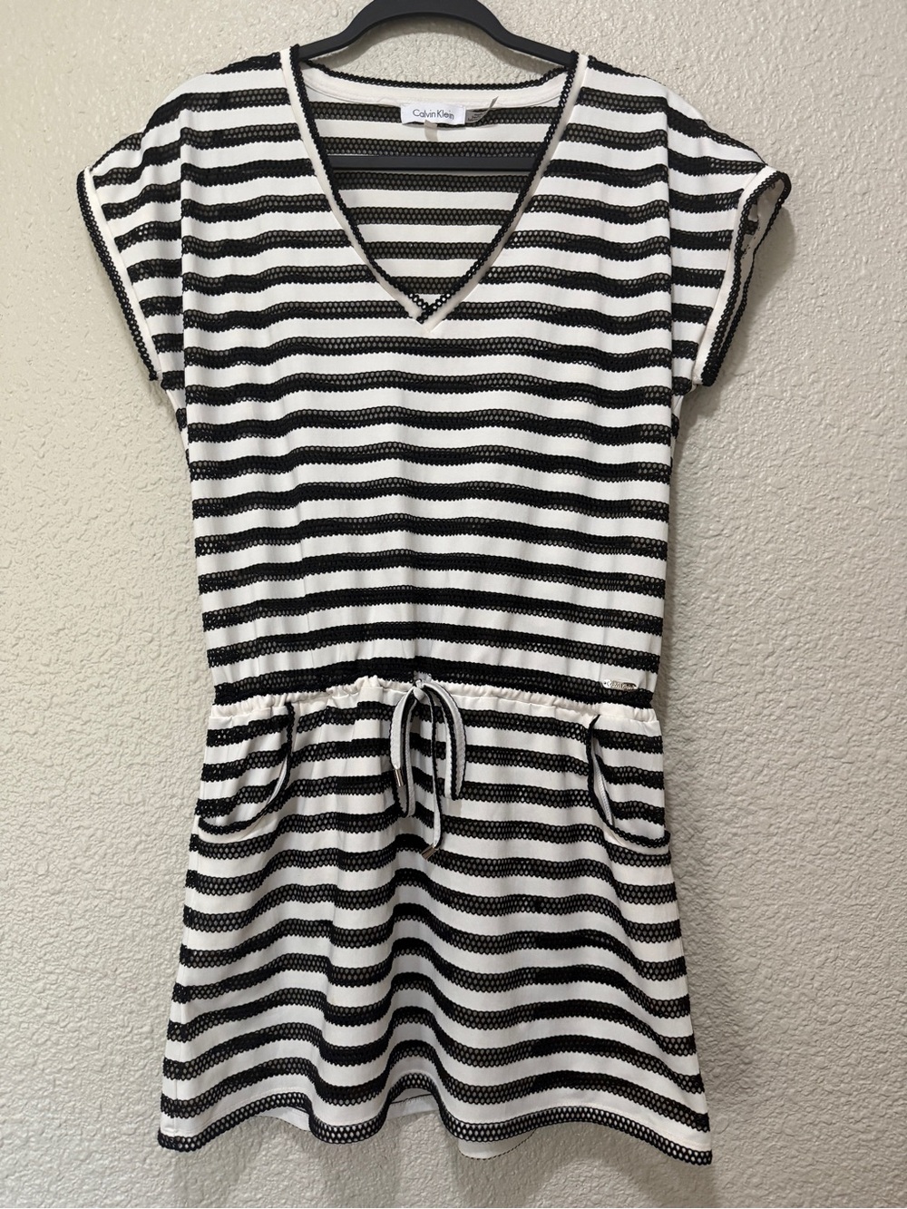 Calvin Klein Black and White Striped One-Piece Swimsuit Cover